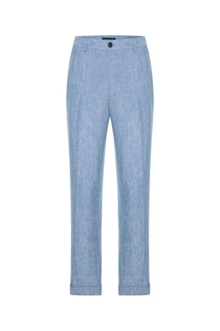 Saf Keten Açık Mavi Pileli Pantolon