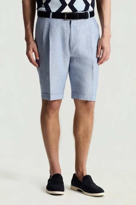 Saf Keten Açık Mavi Pileli Şort