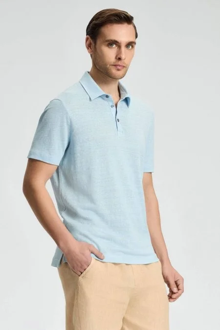 Saf Keten Açık Mavi Polo Yaka T-Shirt Saf Keten Açık Mavi Polo Yaka T-Shirt