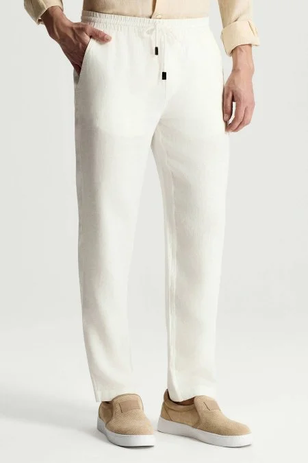 Saf Keten Bağcıklı Beyaz Pantolon