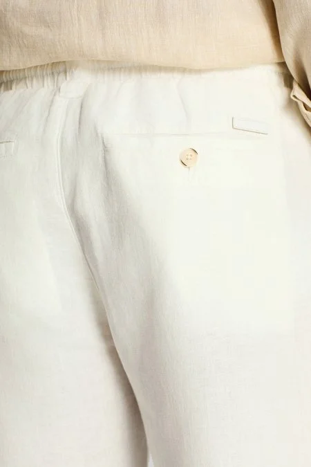 Saf Keten Bağcıklı Beyaz Pantolon