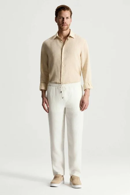 Saf Keten Bağcıklı Beyaz Pantolon