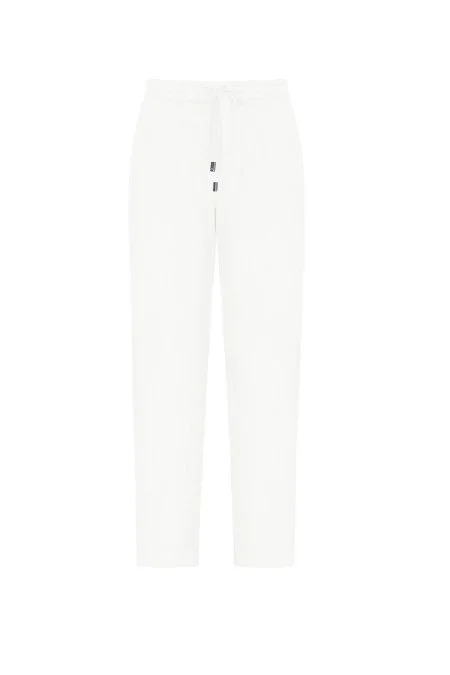 Saf Keten Bağcıklı Beyaz Pantolon