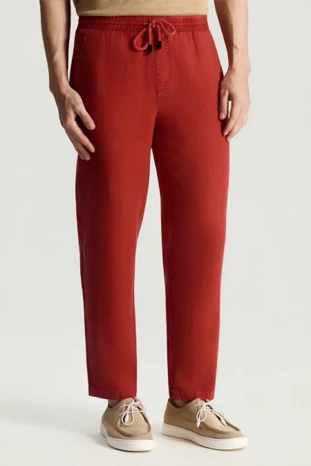 Saf Keten Bağcıklı Koyu Kırmızı Pantolon