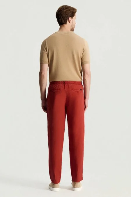 Saf Keten Bağcıklı Koyu Kırmızı Pantolon