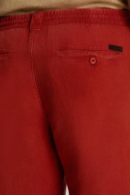Saf Keten Bağcıklı Koyu Kırmızı Pantolon