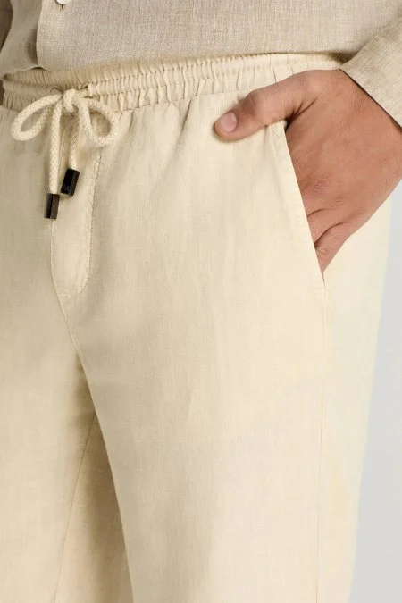 Saf Keten Bağcıklı Krem Pantolon