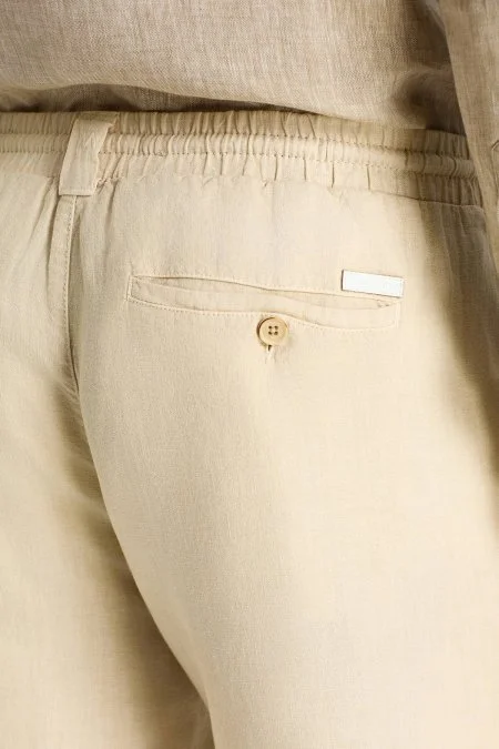 Saf Keten Bağcıklı Krem Pantolon