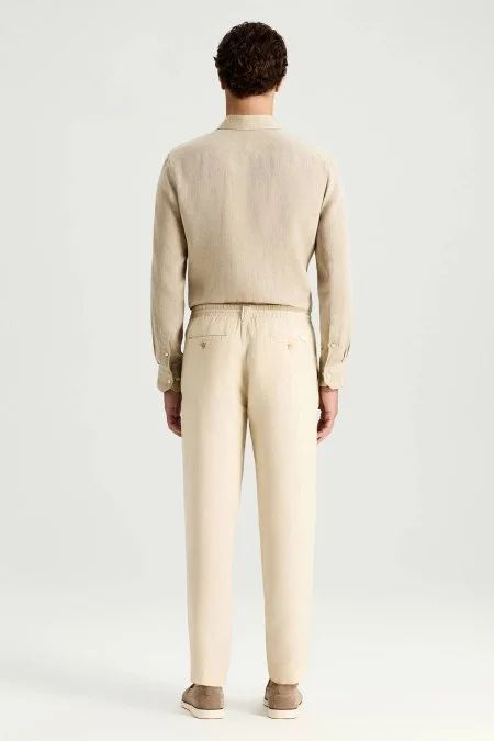 Saf Keten Bağcıklı Krem Pantolon