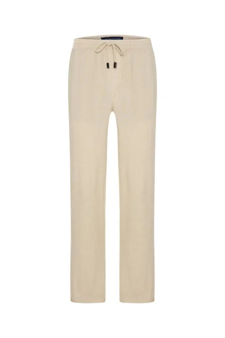 Saf Keten Bağcıklı Krem Pantolon