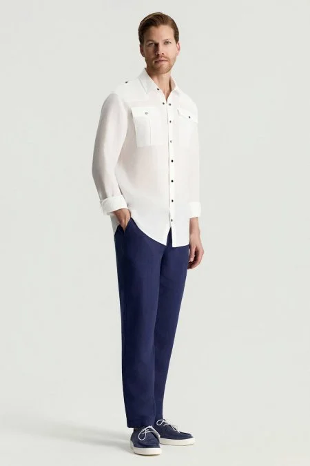 Saf Keten Bağcıklı Mavi Pantolon