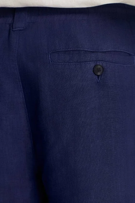 Saf Keten Bağcıklı Mavi Pantolon