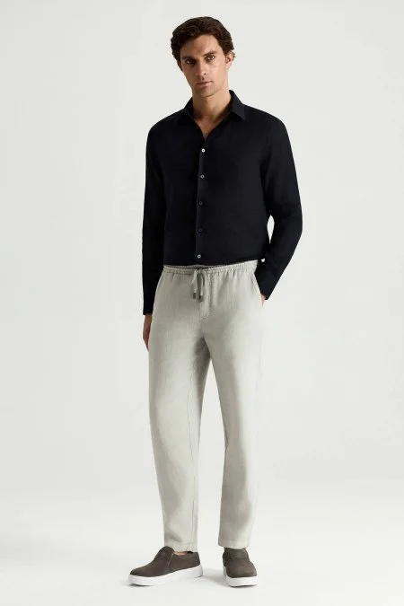 Saf Keten Bağcıklı Açık Gri Pantolon