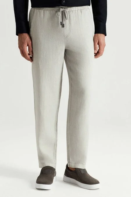 Saf Keten Bağcıklı Açık Gri Pantolon
