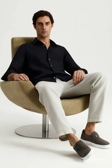 Saf Keten Bağcıklı Açık Gri Pantolon