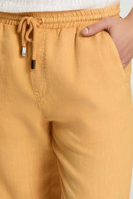 Saf Keten Bağcıklı Turuncu Pantolon