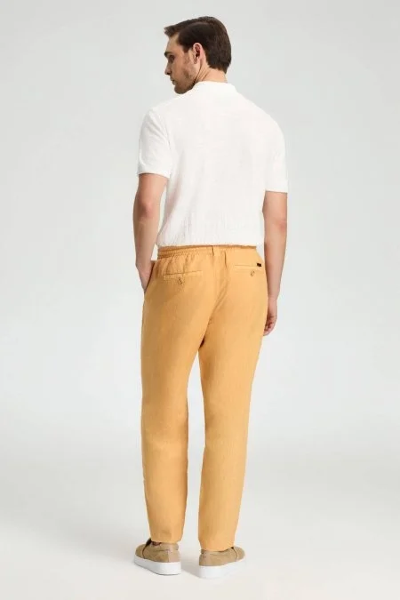 Saf Keten Bağcıklı Turuncu Pantolon