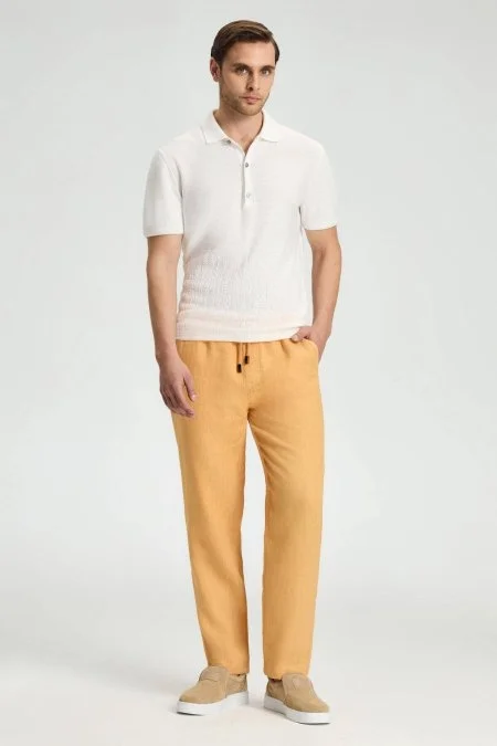 Saf Keten Bağcıklı Turuncu Pantolon