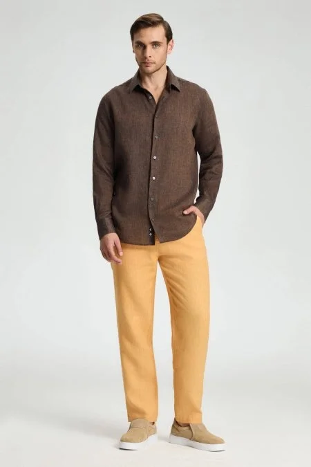 Saf Keten Bağcıklı Turuncu Pantolon