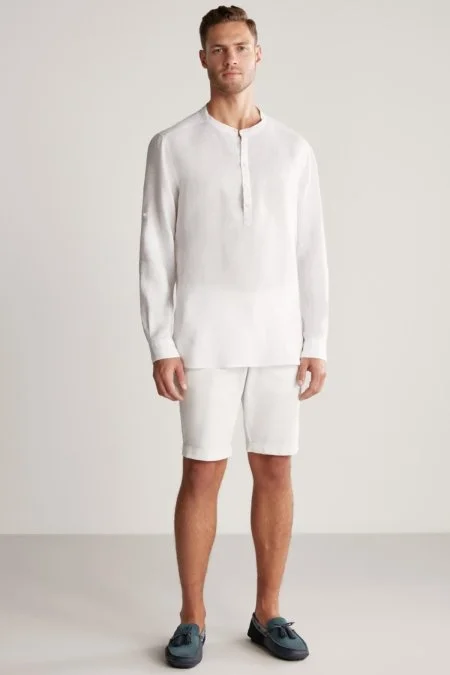 Saf Keten Beyaz Hakim Yaka Gömlek