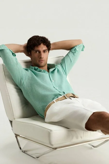 Saf Keten Beyaz Pileli Şort