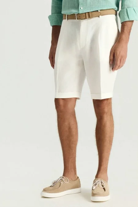 Saf Keten Beyaz Pileli Şort