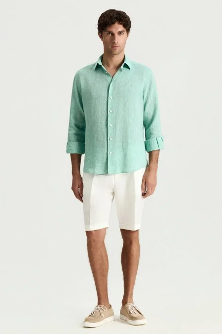 Saf Keten Beyaz Pileli Şort