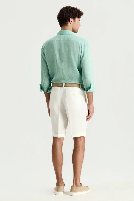 Saf Keten Beyaz Pileli Şort
