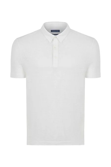 Saf Keten Beyaz Polo Yaka T-Shirt