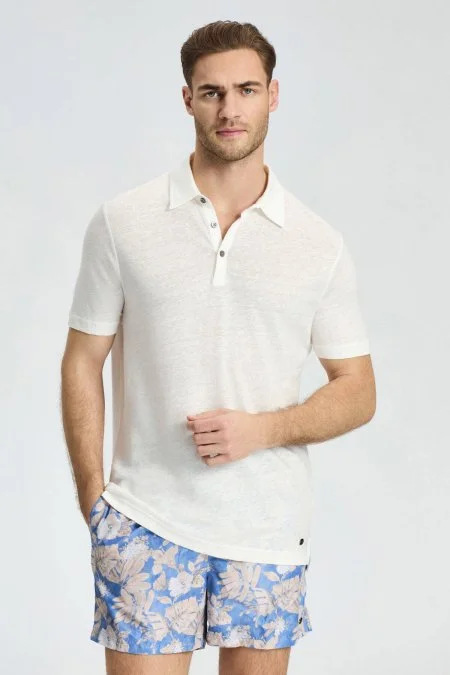 Saf Keten Beyaz Polo Yaka T-Shirt