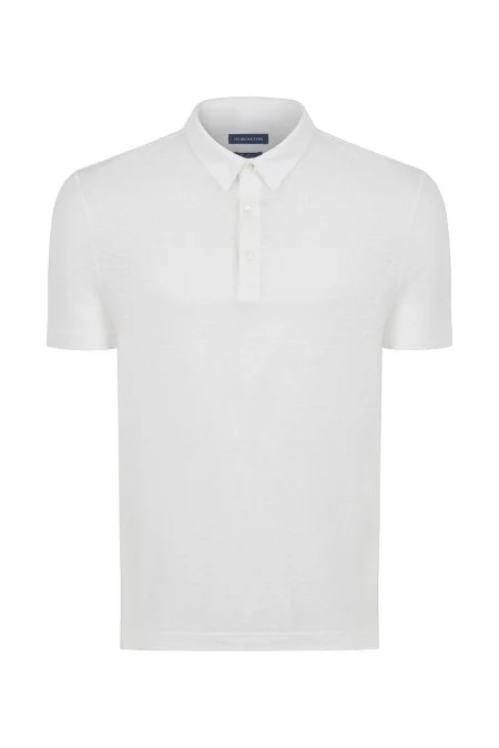 Saf Keten Beyaz Polo Yaka T-Shirt