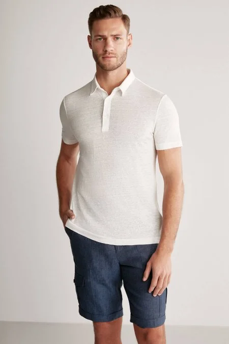 Saf Keten Beyaz Polo Yaka T-Shirt