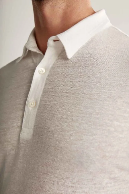 Saf Keten Beyaz Polo Yaka T-Shirt