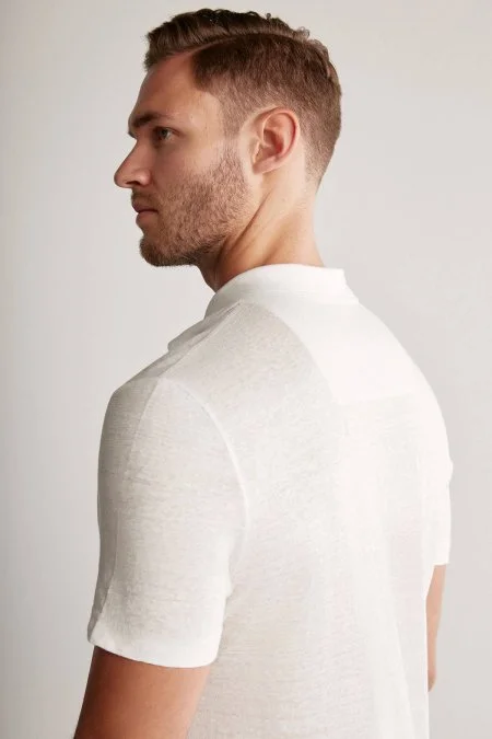 Saf Keten Beyaz Polo Yaka T-Shirt