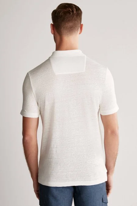 Saf Keten Beyaz Polo Yaka T-Shirt
