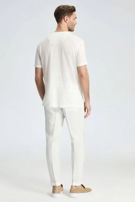 Saf Keten Bisiklet Yaka Beyaz Basic T-Shirt