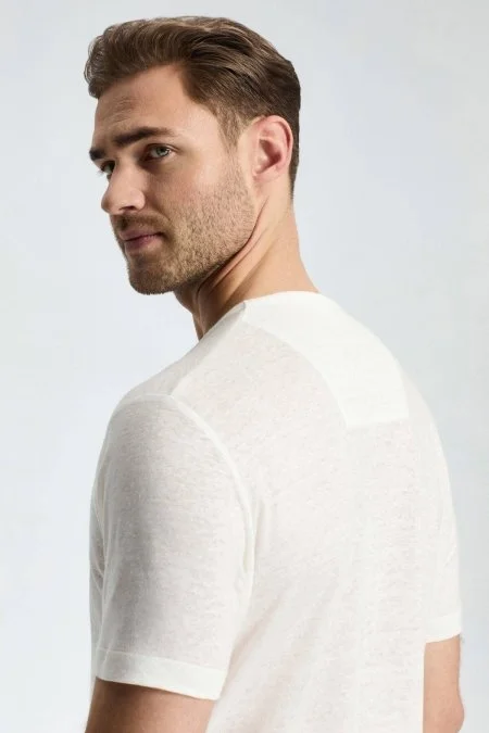 Saf Keten Bisiklet Yaka Beyaz Basic T-Shirt