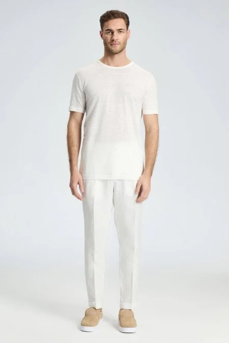 Saf Keten Bisiklet Yaka Beyaz Basic T-Shirt