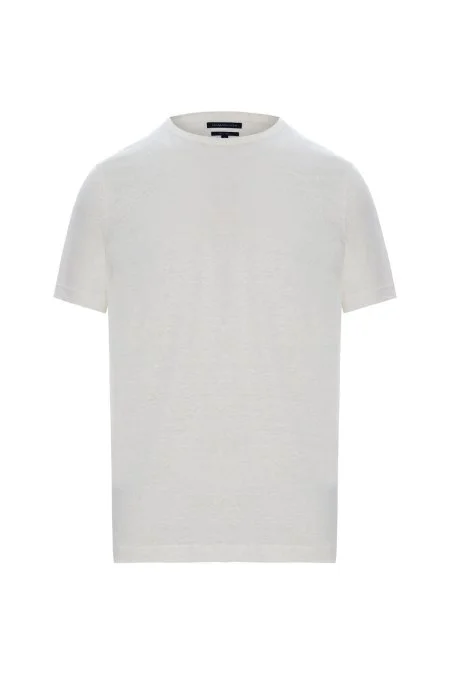 Saf Keten Bisiklet Yaka Beyaz Basic T-Shirt