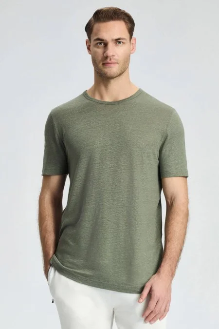 Saf Keten Haki Bisiklet Yaka T-Shirt