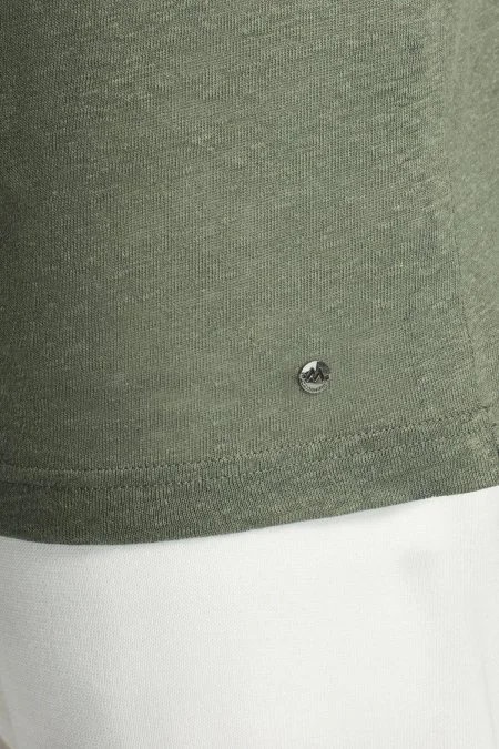 Saf Keten Haki Bisiklet Yaka T-Shirt