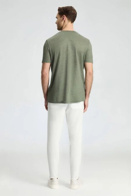 Saf Keten Haki Bisiklet Yaka T-Shirt