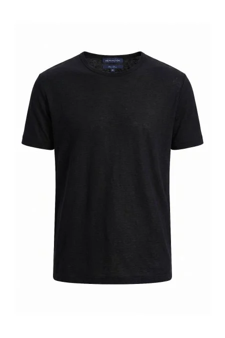 Saf Keten Siyah Bisiklet Yaka T-Shirt
