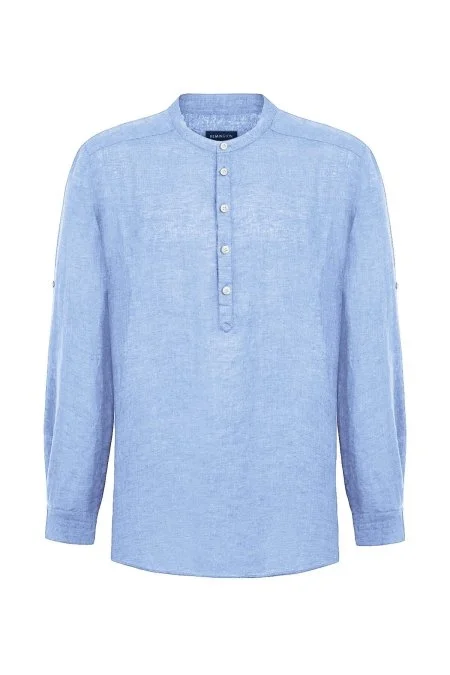 Saf Keten Gök Mavisi Hakim Yaka Gömlek