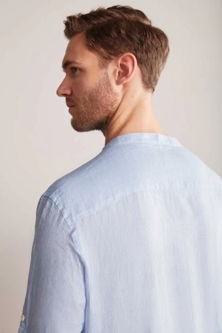 Saf Keten Gök Mavisi Hakim Yaka Gömlek