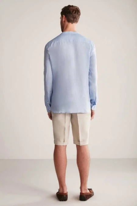Saf Keten Gök Mavisi Hakim Yaka Gömlek