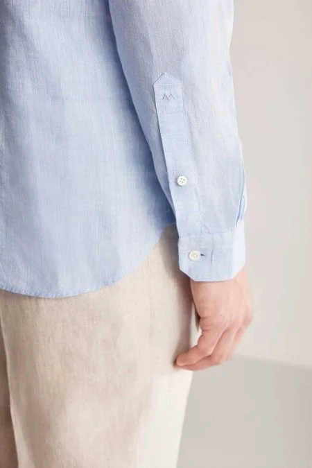 Saf Keten Gök Mavisi Hakim Yaka Gömlek