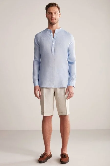 Saf Keten Gök Mavisi Hakim Yaka Gömlek