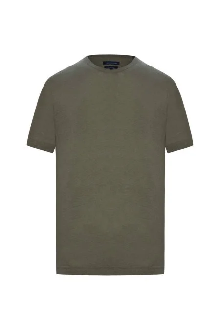 Saf Keten Haki Bisiklet Yaka T-Shirt