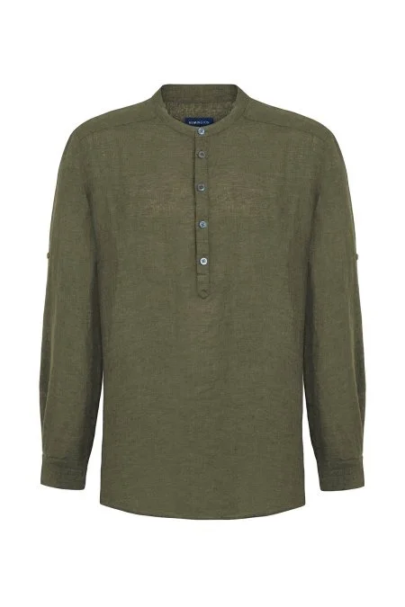 Saf Keten Haki Hakim Yaka Gömlek